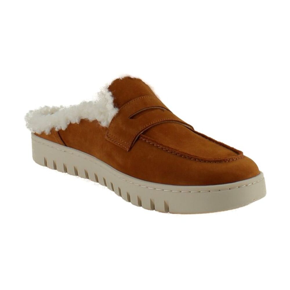 Vionic Tan Suede Backless Loafer with Cream Shearling Trim